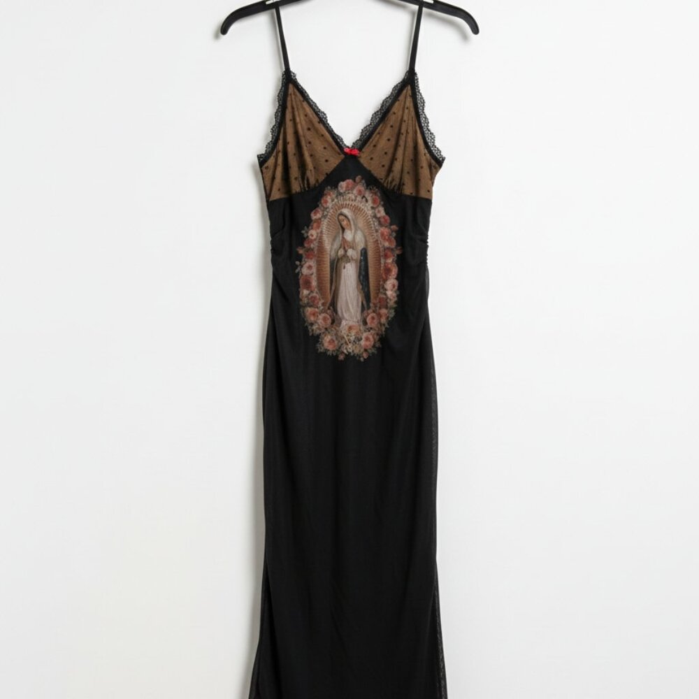 ROMWE Virgin Mary Graphic Mesh Maxi Dress - Black/Gold Gothic Coquette Large NEW